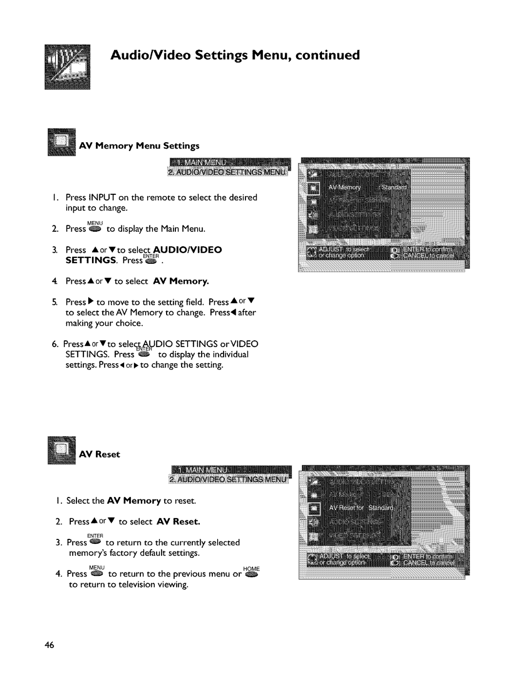 Mitsubishi Electronics VS-45607 manual Audio/Video Settings Menu, AV Memory Menu Settings, Press AorVto select AUDIO/VIDEO 