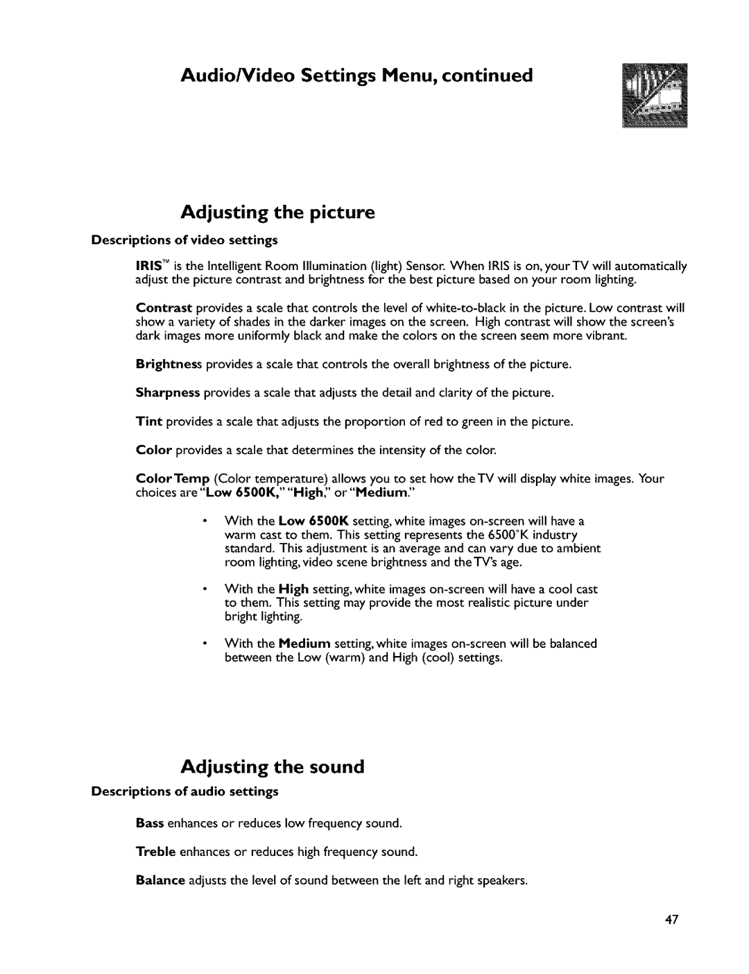 Mitsubishi Electronics VS-45607 manual Adjusting the picture, Adjusting the sound, Descriptions of video settings 