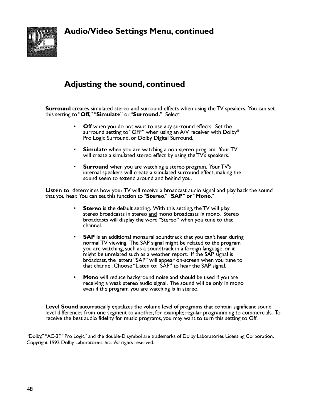 Mitsubishi Electronics VS-45607 manual Adjusting the sound 