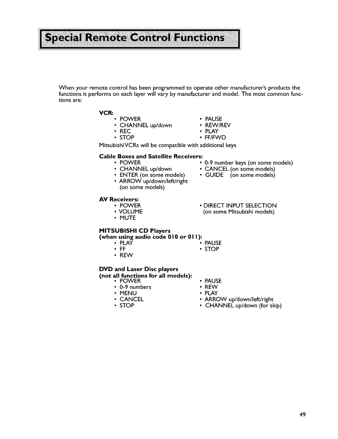 Mitsubishi Electronics VS-45607 manual Cable Boxes and Satellite Receivers, AV Receivers, Mitsubishi CD Players 