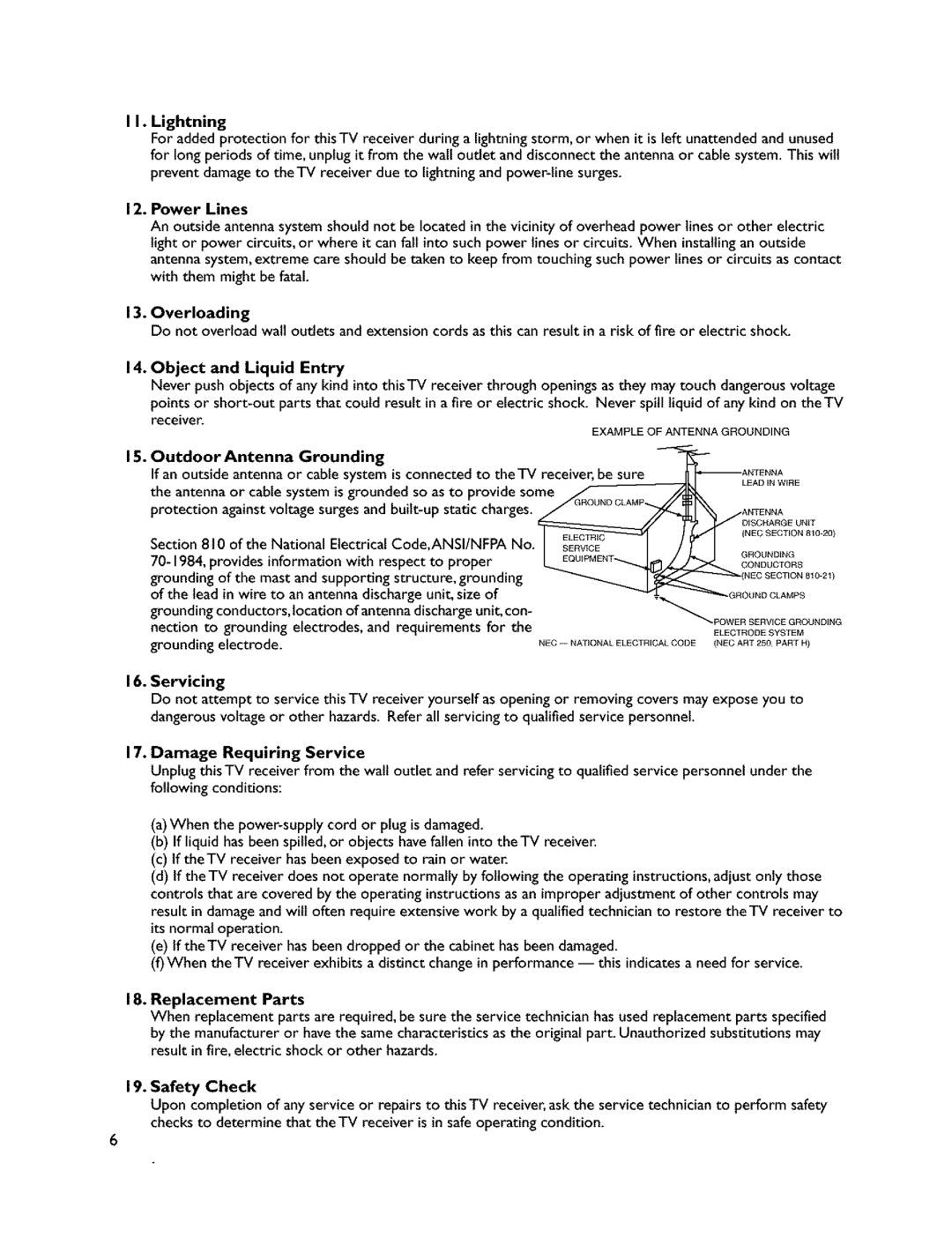 Mitsubishi Electronics VS-45607 Lightning, Power Lines, Object and Liquid Entry, Outdoor Antenna Grounding, Servicing 