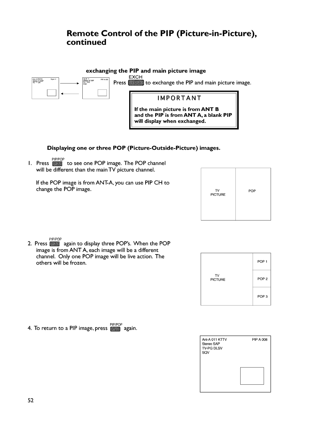 Mitsubishi Electronics VS-45607 manual Remote Control of the PIP Picture-in-Picture 