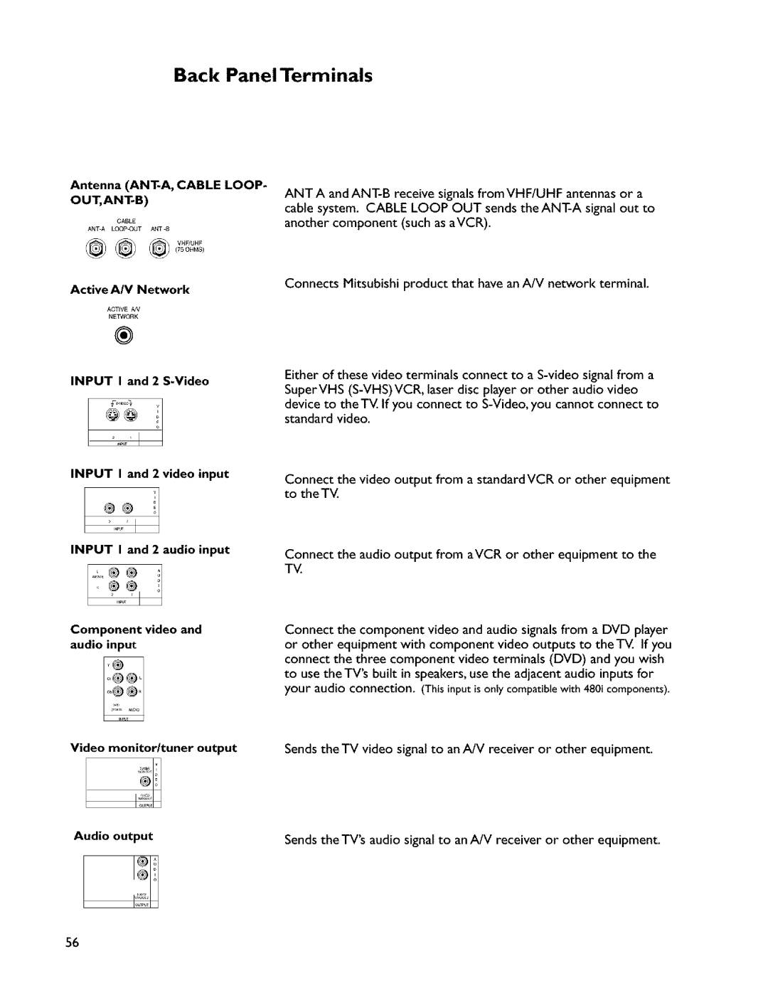 Mitsubishi Electronics VS-45607 Back Panel Terminals, Active A/V Network, Input I and 2 S-Video Input I and 2 video input 