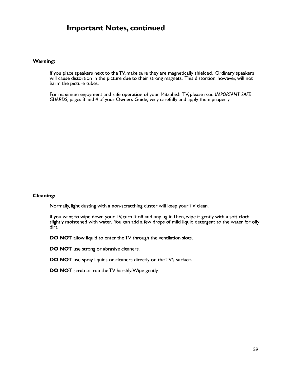 Mitsubishi Electronics VS-45607 manual Cleaning 