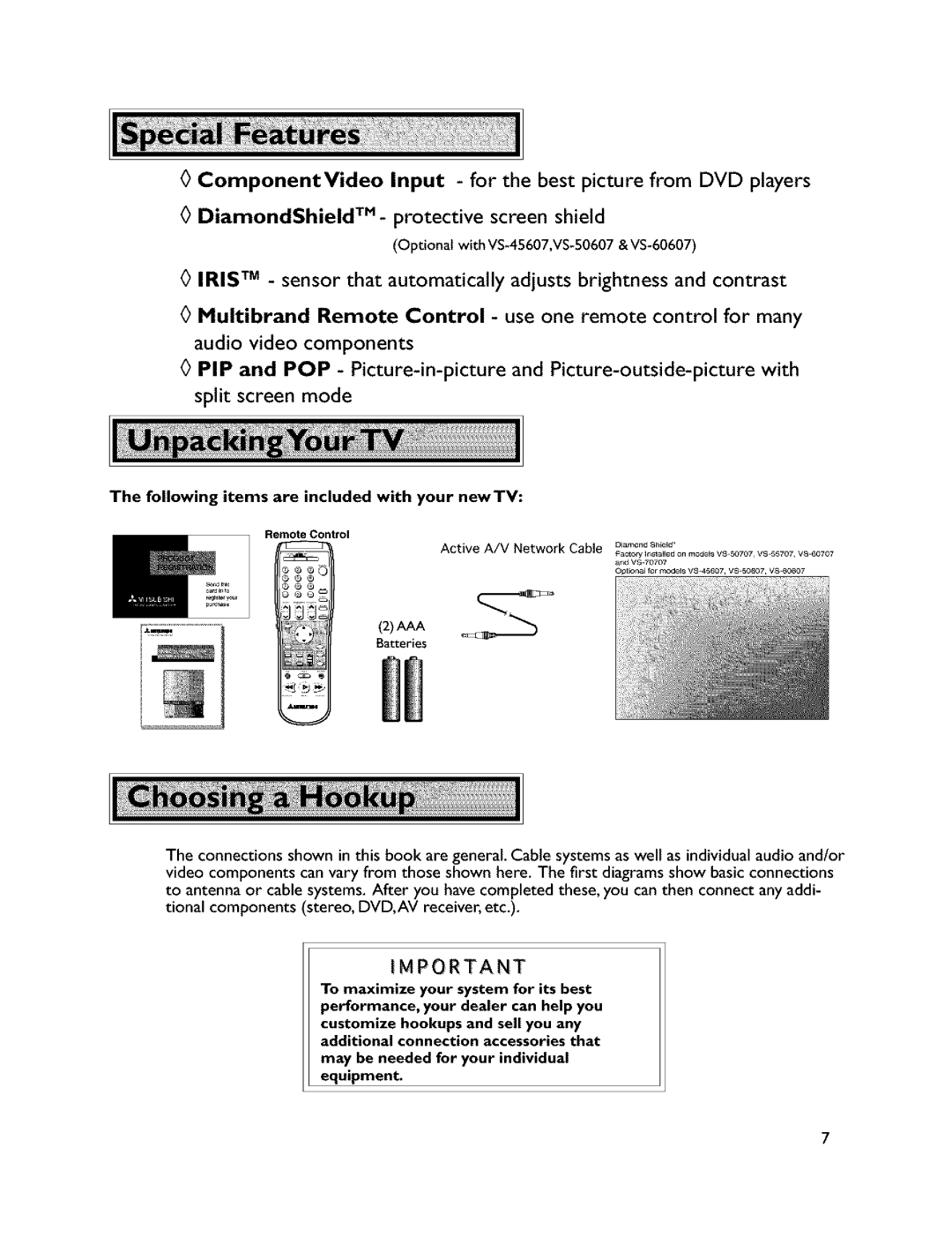 Mitsubishi Electronics VS-45607 DiamondShield TM- protective screen shield, Following items are included with your newTV 