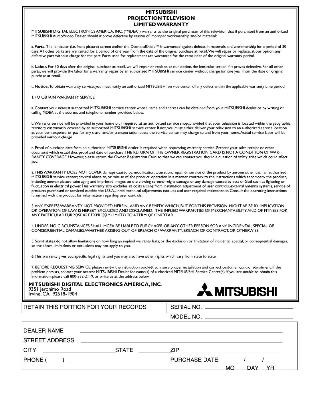 Mitsubishi Electronics VS-45607 manual Mitsubishi 