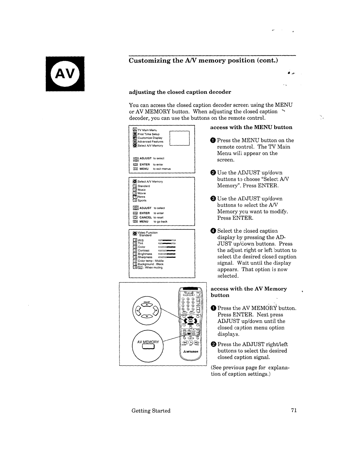 Mitsubishi Electronics VS-50501, VS-50502, VS-45502 manual Adjusting the closed caption decoder, Access with the AV Memory 