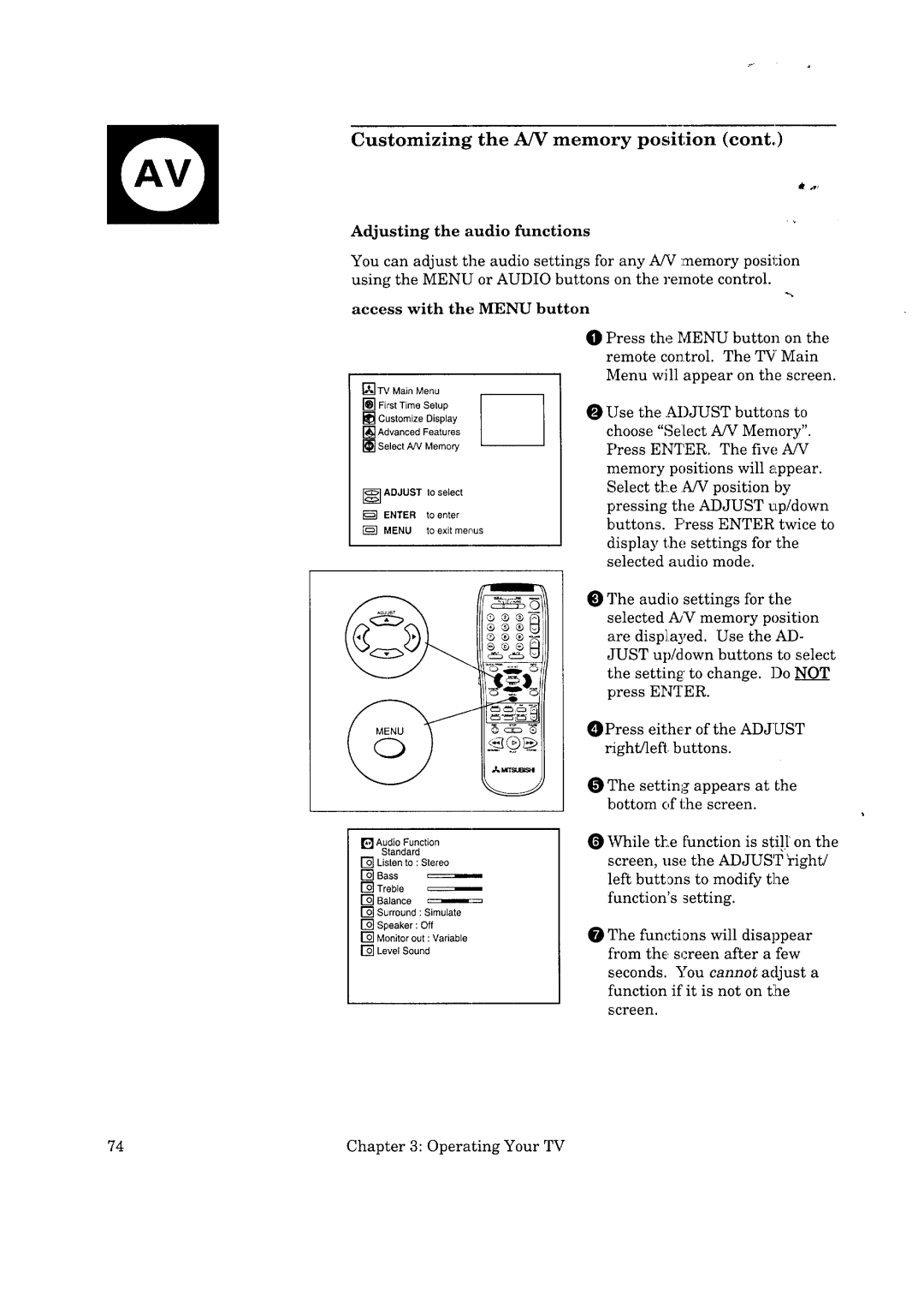 Mitsubishi Electronics VS-50502, VS-50501, VS-45502, VS-45501 manual Adjusting the audio functions 