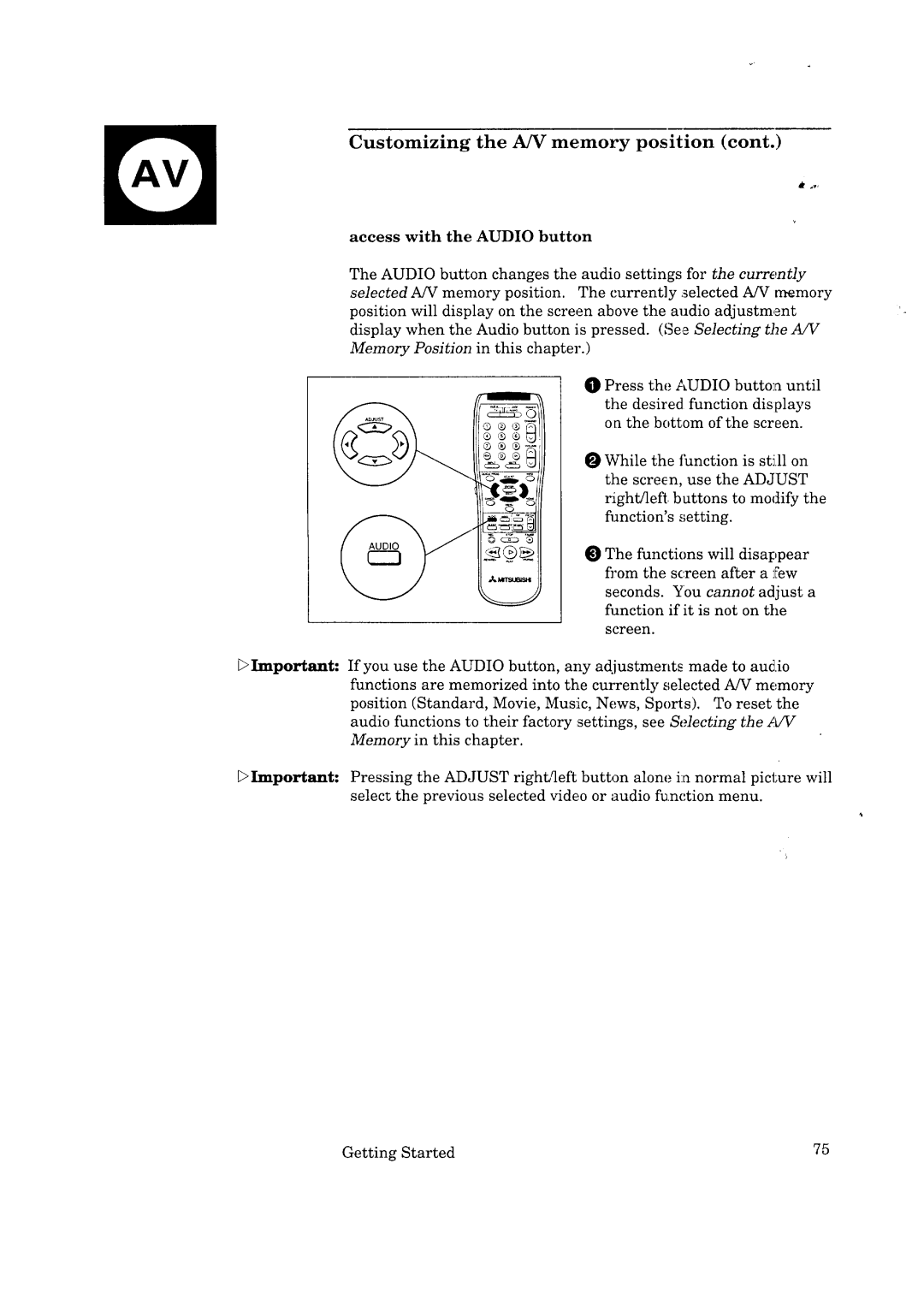 Mitsubishi Electronics VS-50501, VS-50502, VS-45502, VS-45501 manual Access with the Audio button 