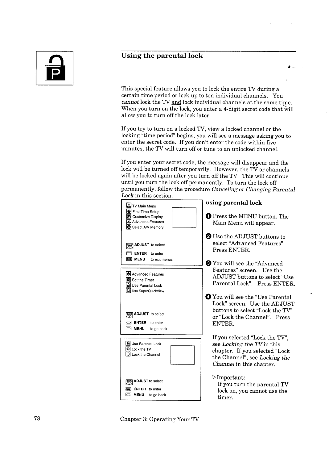 Mitsubishi Electronics VS-50502, VS-50501 manual Using the parental lock, Adjust to select Enter to enter Menu to go back 