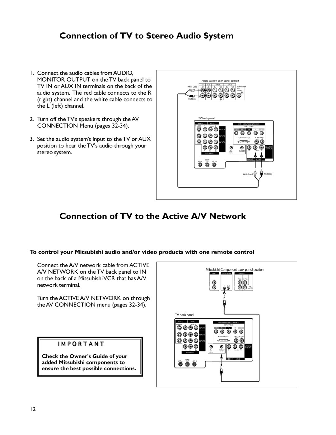 Mitsubishi Electronics WS-55805 manual Connection of TV to Stereo Audio System, Connection of TV to the Active A/V Network 