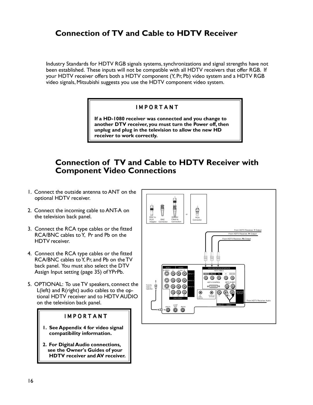 Mitsubishi Electronics WS-73905, VS-50805, VS-60805, WT-46805, WS-65905, WS-55805 Connection of TV and Cable to Hdtv Receiver 