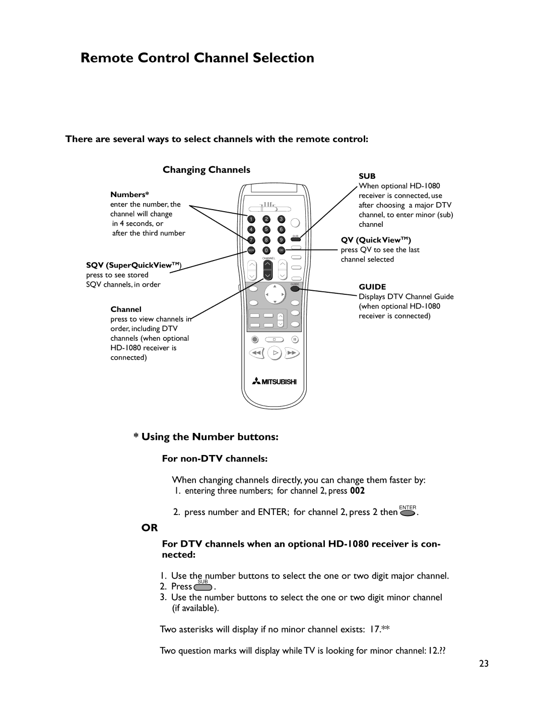 Mitsubishi Electronics WS-73905, VS-50805, VS-60805, WT-46805 manual Remote Control Channel Selection, For non-DTV channels 