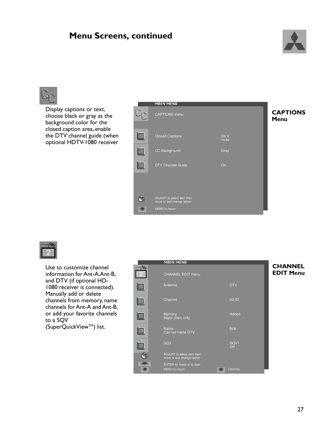 Mitsubishi Electronics WS-55905, VS-50805, VS-60805, WS-73905, WT-46805, WS-65905 Captions Menu Channel Edit Menu, Main Menu 