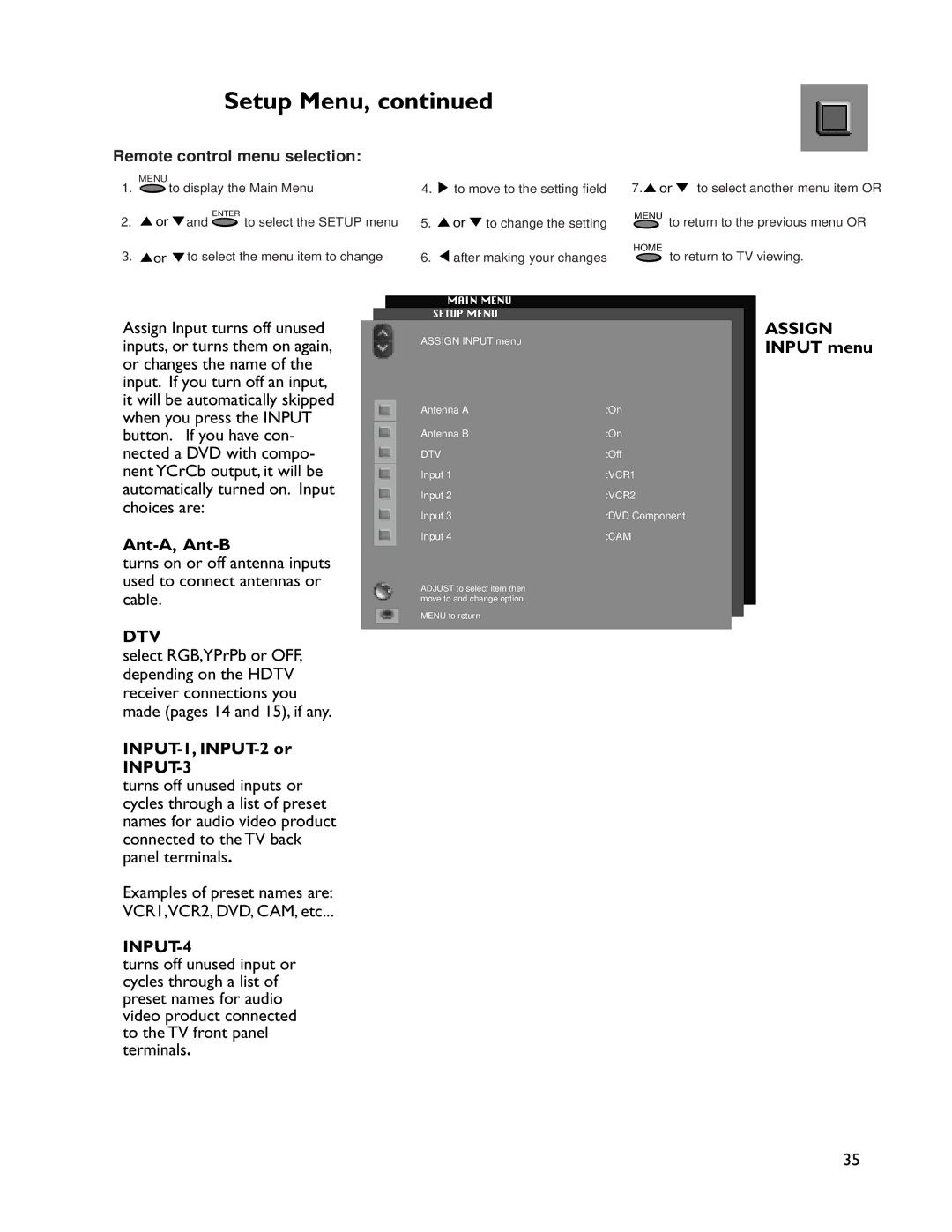 Mitsubishi Electronics VS-50805, VS-60805, WS-73905, WT-46805, WS-65905 manual Input menu, Ant-A, Ant-B, INPUT-1, INPUT-2 or 