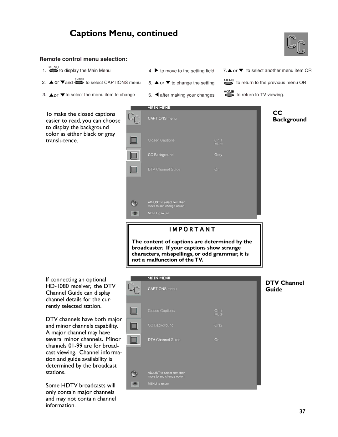 Mitsubishi Electronics WS-73905 Captions Menu, To make the closed captions Easier to read, you can choose, Background 