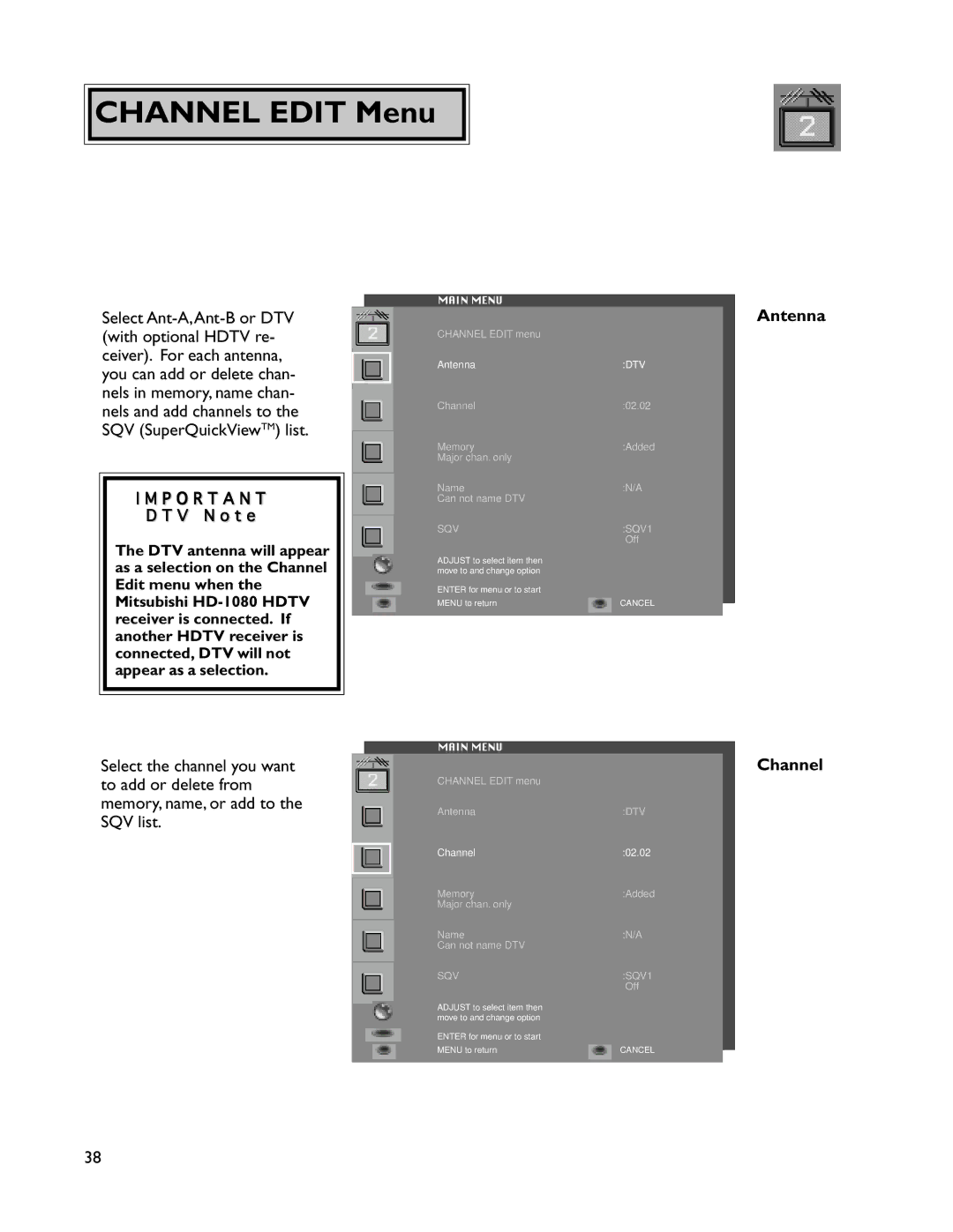 Mitsubishi Electronics WT-46805, VS-50805, VS-60805, WS-73905, WS-65905, WS-55805, WS-55905 manual Channel Edit Menu, Antenna 