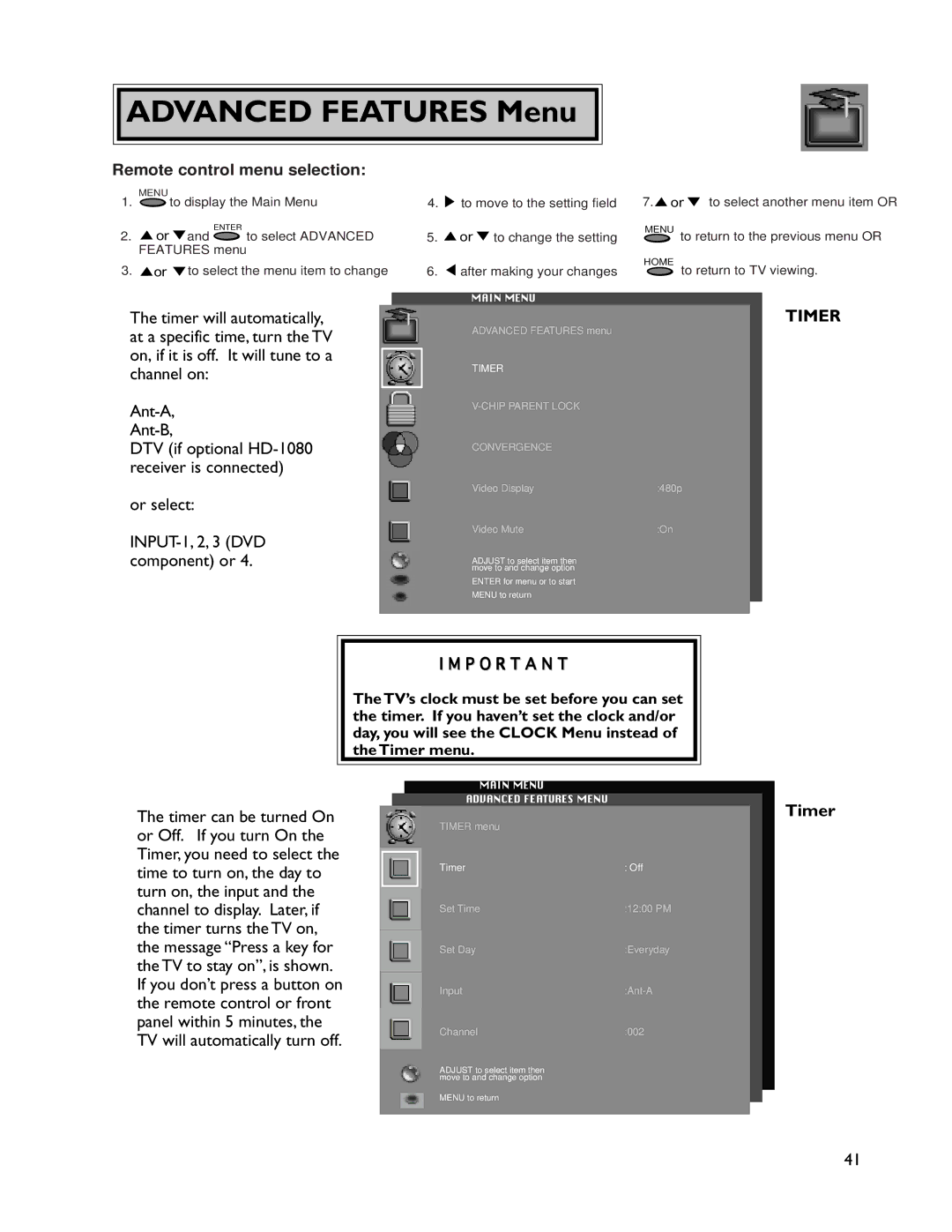 Mitsubishi Electronics WS-55905, VS-50805, VS-60805, WS-73905, WT-46805, WS-65905, WS-55805 manual Advanced Features Menu, Timer 