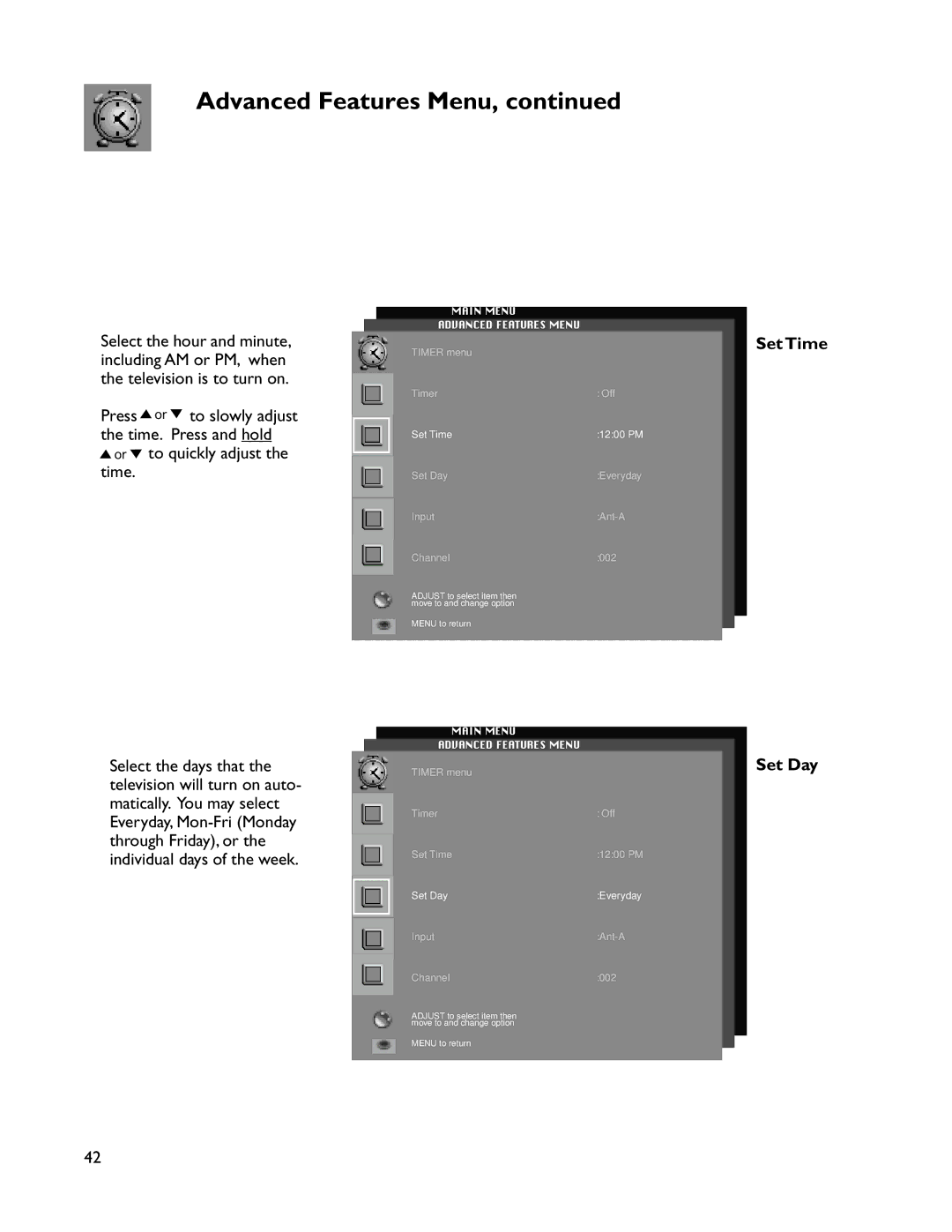 Mitsubishi Electronics VS-50805, VS-60805, WS-73905, WT-46805, WS-65905, WS-55805 Advanced Features Menu, Set Time Set Day 