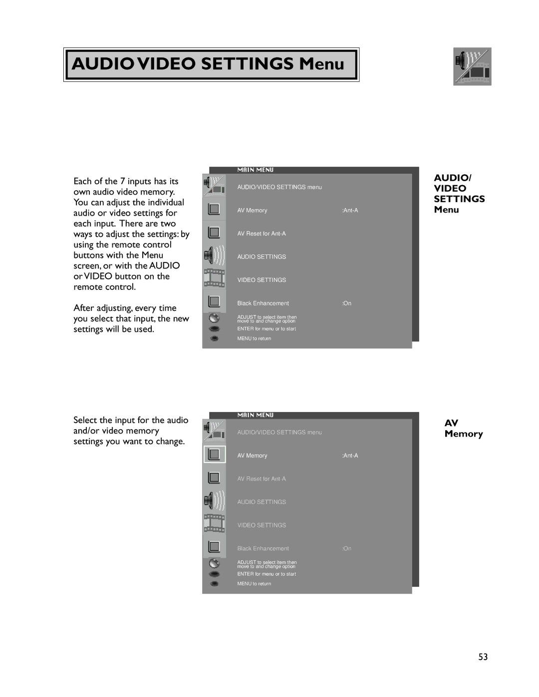 Mitsubishi Electronics WS-65905, VS-50805, VS-60805, WS-73905 manual Audio Video Settings Menu, Video Settings Menu AV Memory 