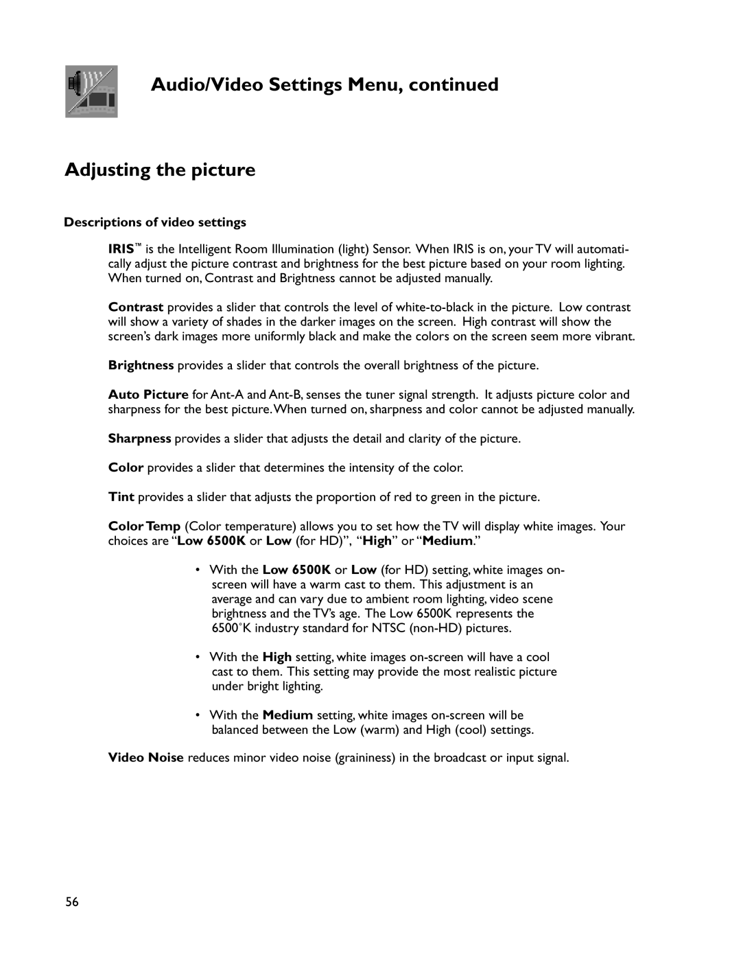 Mitsubishi Electronics VS-50805, VS-60805 Audio/Video Settings Menu Adjusting the picture, Descriptions of video settings 