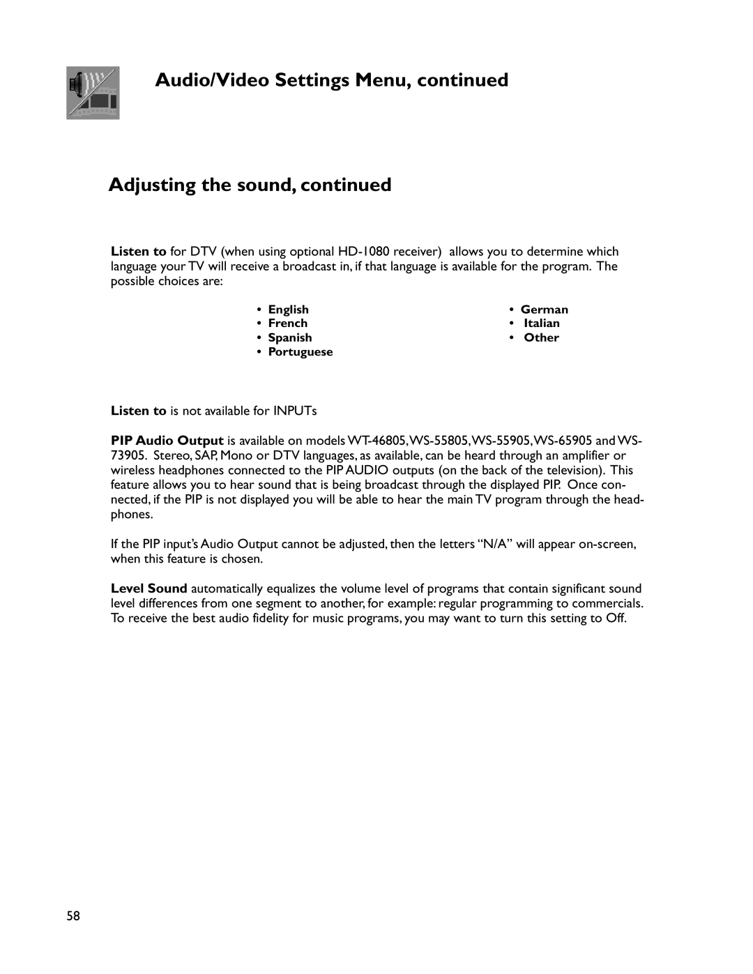 Mitsubishi Electronics WS-73905, VS-50805, VS-60805, WT-46805 manual English German French Italian Spanish Other Portuguese 