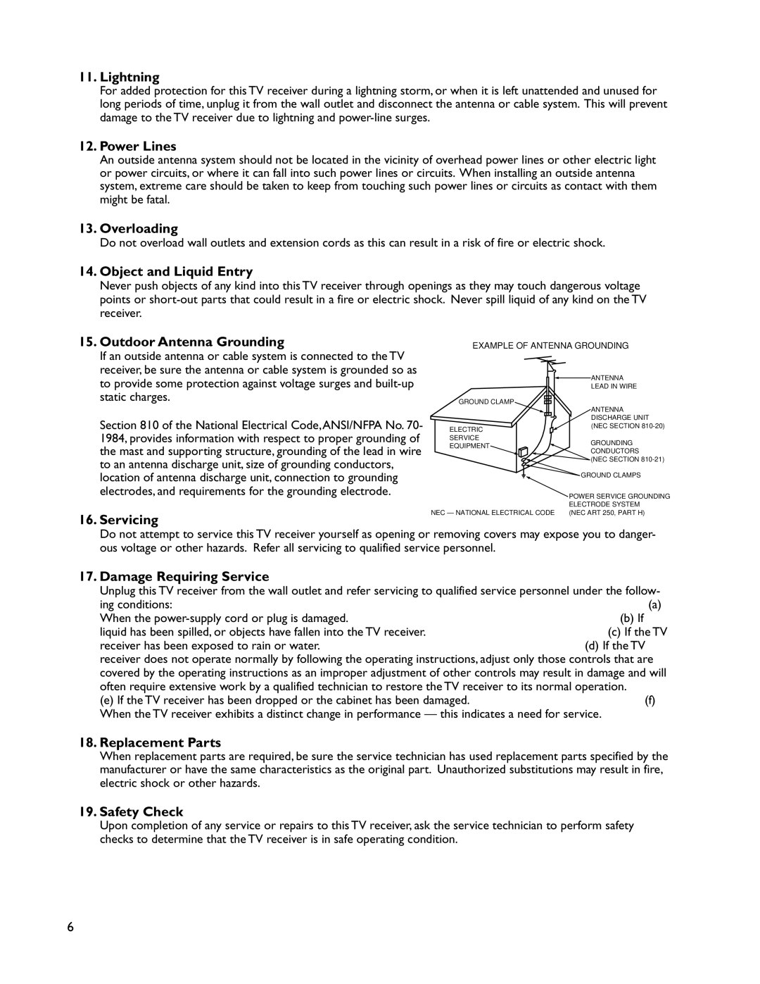 Mitsubishi Electronics WS-55905 Lightning, Power Lines, Overloading, Object and Liquid Entry, Outdoor Antenna Grounding 