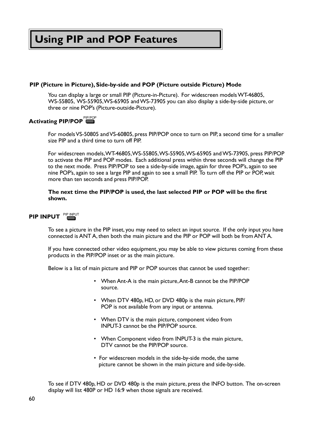 Mitsubishi Electronics WS-65905, VS-50805, VS-60805, WS-73905, WT-46805 manual Using PIP and POP Features, Activating PIP/POP 