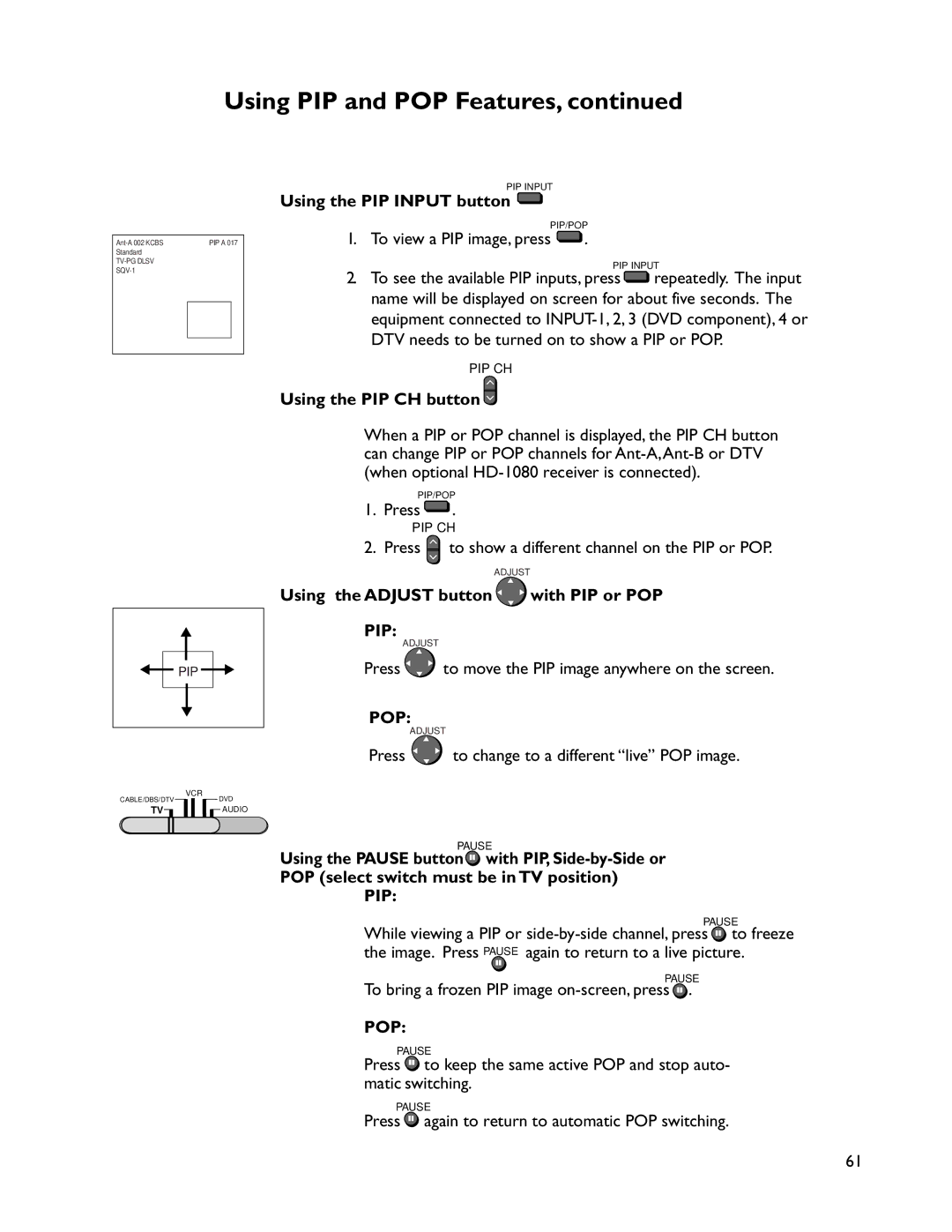 Mitsubishi Electronics WS-55805, VS-50805 Using PIP and POP Features, Using the PIP Input button, Using the PIP CH button 