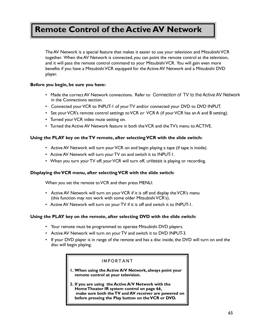 Mitsubishi Electronics WS-73905, VS-50805 manual Remote Control of the Active AV Network, Before you begin, be sure you have 