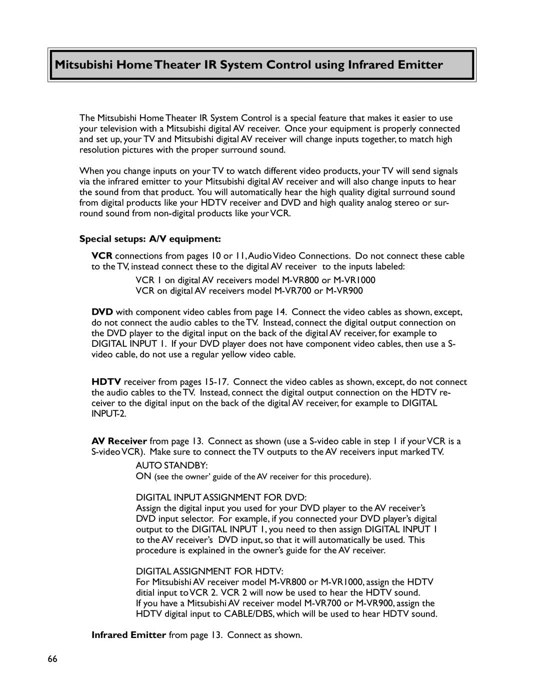 Mitsubishi Electronics WT-46805, VS-50805 Special setups A/V equipment, Infrared Emitter from page 13. Connect as shown 