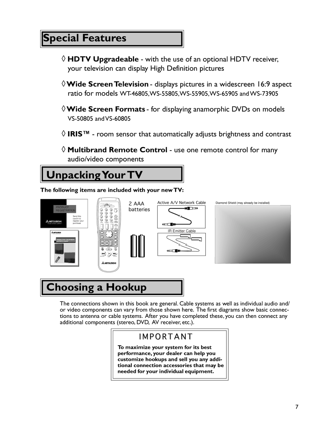 Mitsubishi Electronics VS-50805, VS-60805, WS-73905, WT-46805, WS-65905 Special Features, UnpackingYour TV, Choosing a Hookup 