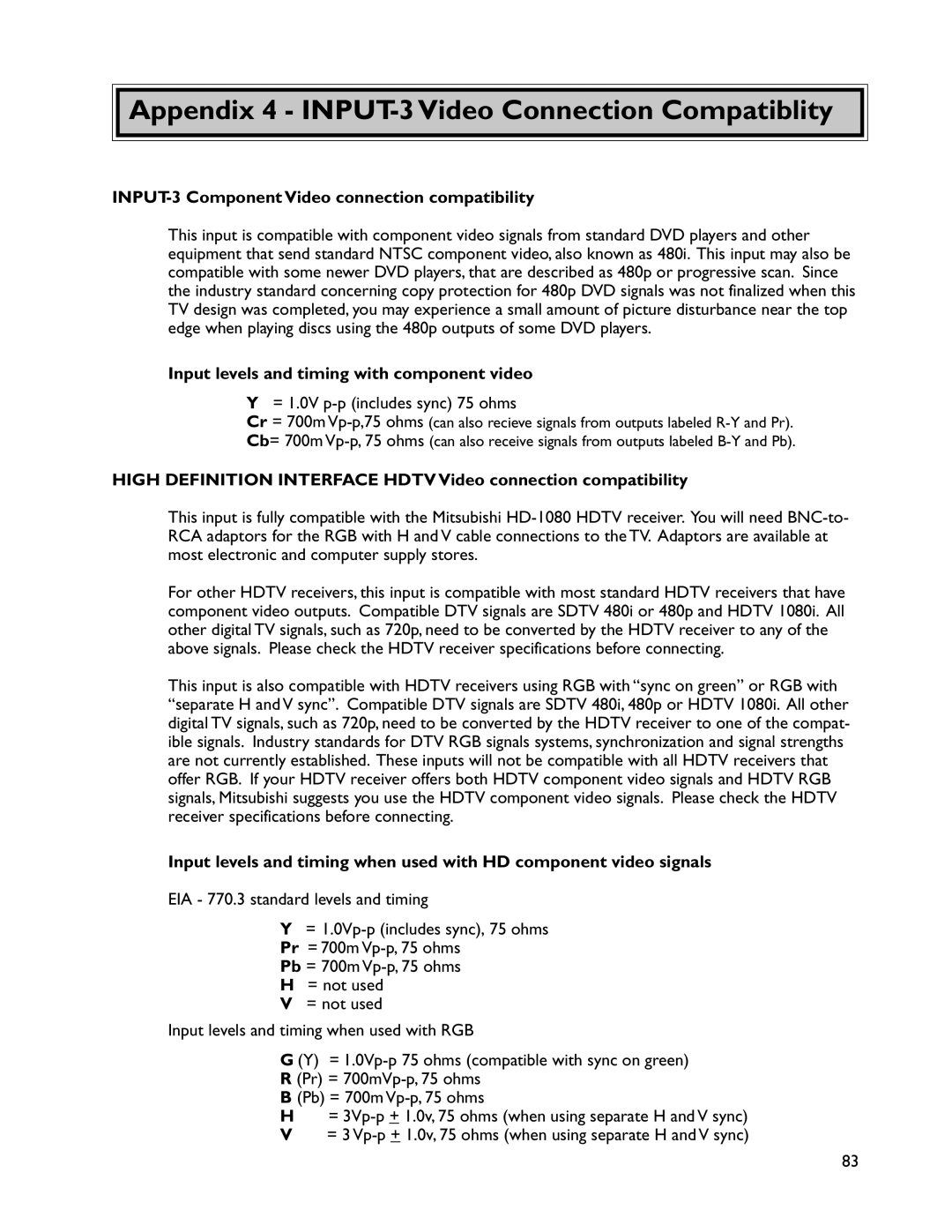 Mitsubishi Electronics WS-55905 manual INPUT-3 Component Video connection compatibility, = 1.0V p-p includes sync 75 ohms 