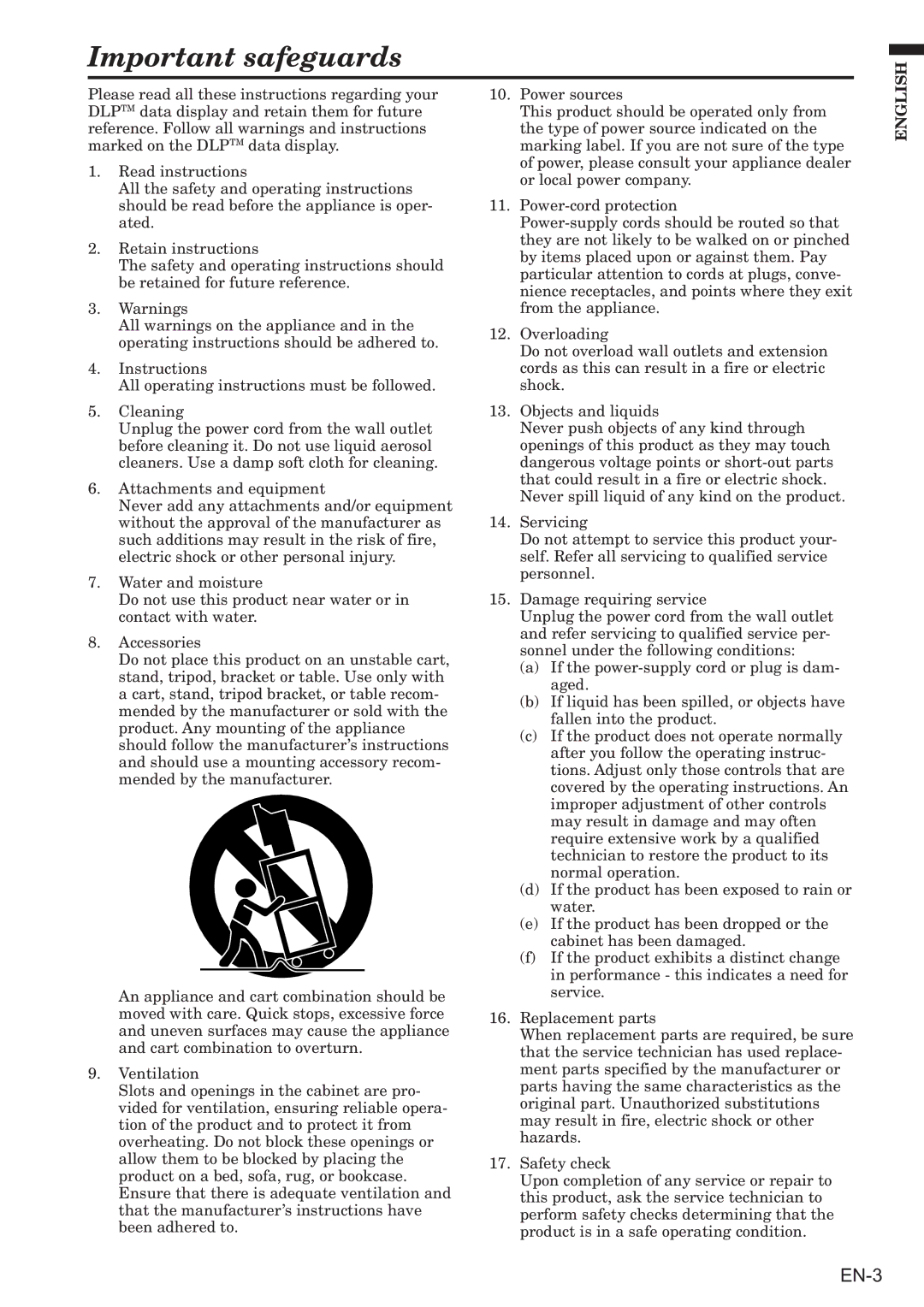 Mitsubishi Electronics VS-50XL50U user manual Important safeguards 