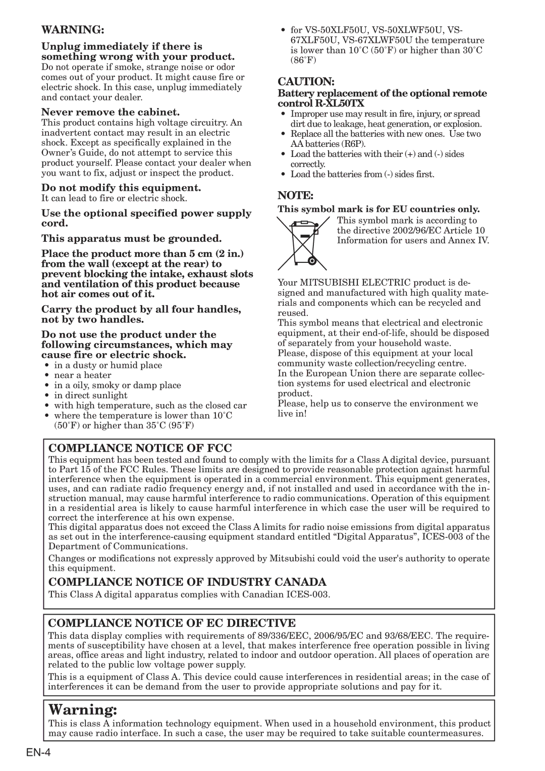 Mitsubishi Electronics VS-50XL50U user manual Compliance Notice of Industry Canada 