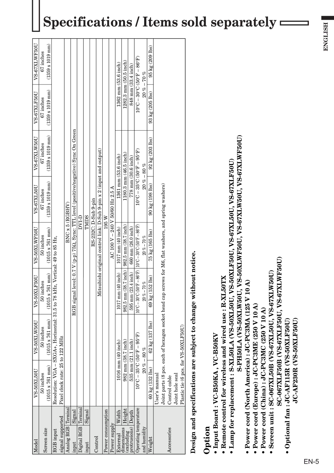 Mitsubishi Electronics VS-50XL50U user manual Specifications / Items sold separately, Tmds 