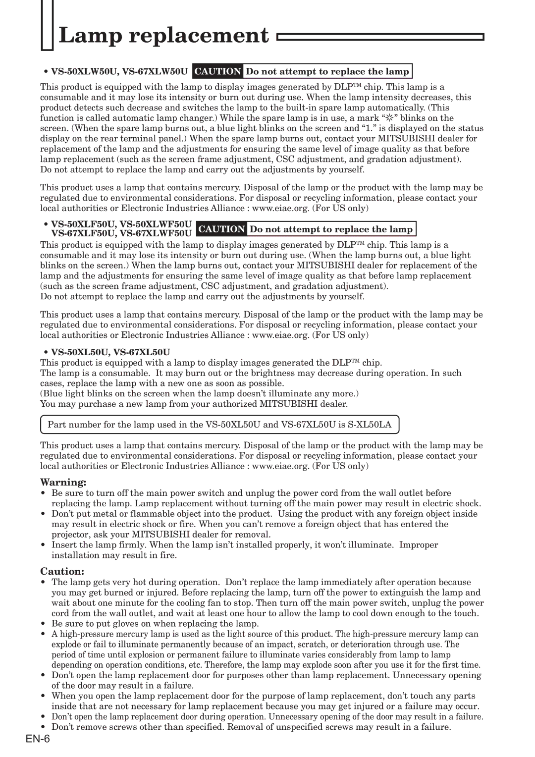 Mitsubishi Electronics VS-50XL50U user manual Lamp replacement, VS-50XLF50U, VS-50XLWF50U VS-67XLF50U, VS-67XLWF50U 
