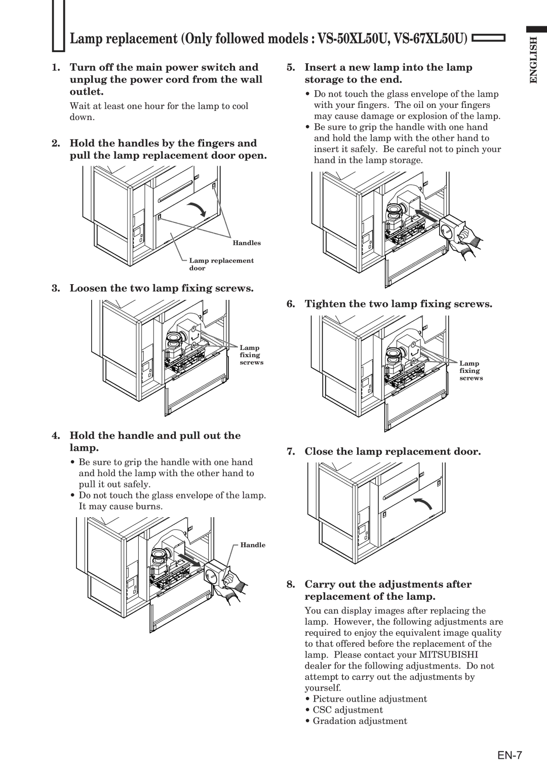 Mitsubishi Electronics user manual Lamp replacement Only followed models VS-50XL50U, VS-67XL50U 