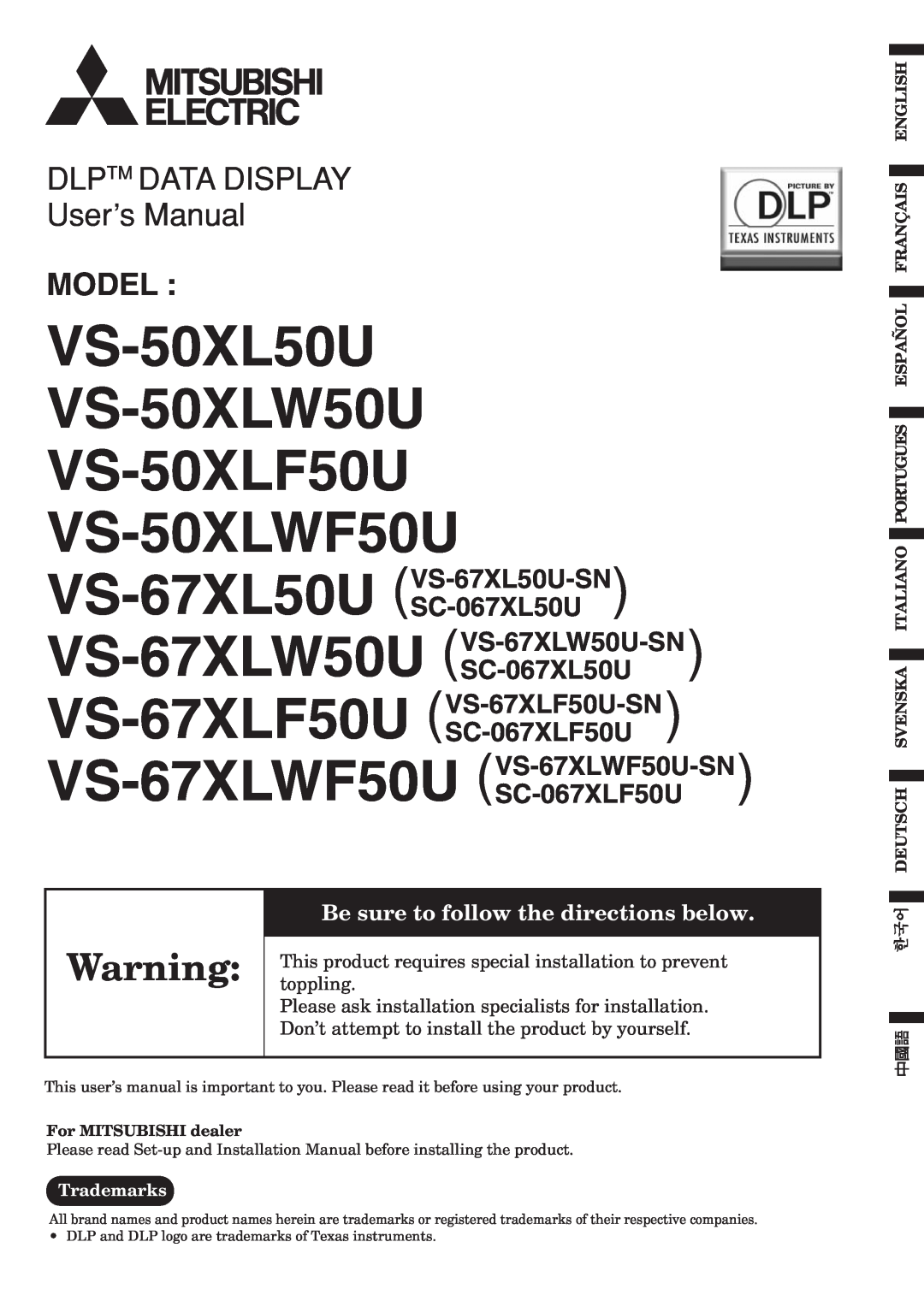Mitsubishi Electronics VS-50XL50U user manual toppling, This product requires special installation to prevent, EN-1, Model 