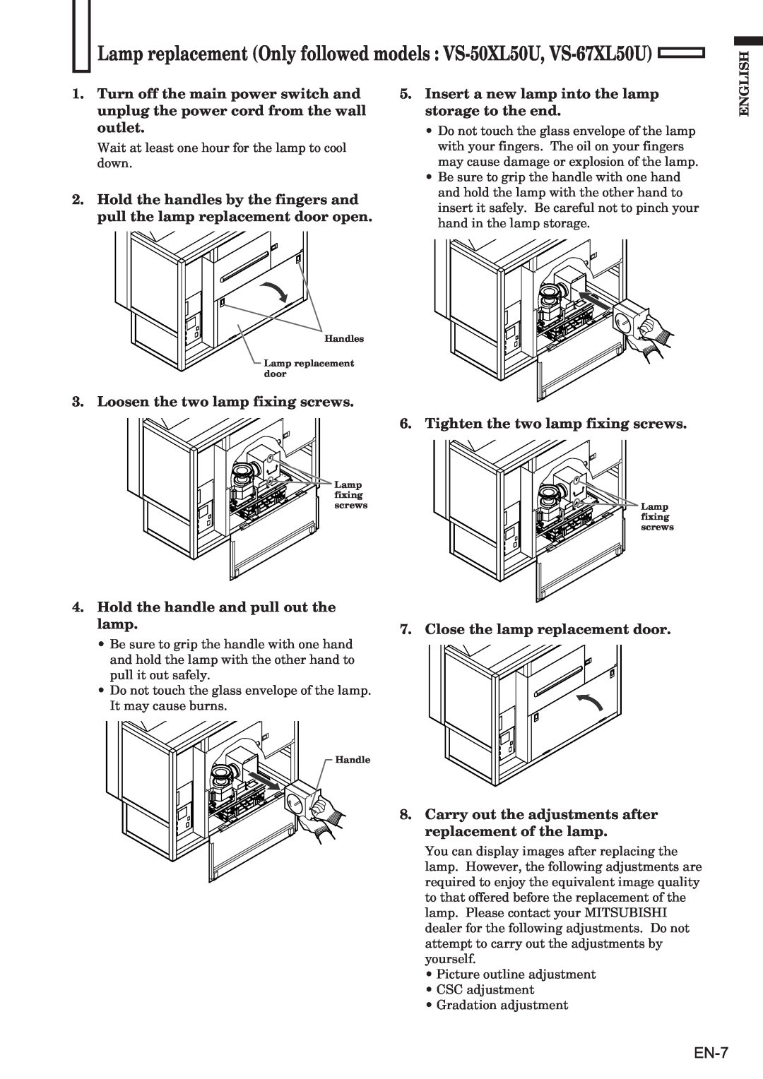 Mitsubishi Electronics VS-50XL50U user manual EN-7, Insert a new lamp into the lamp storage to the end, English 