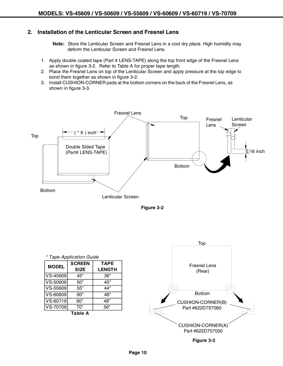 Mitsubishi Electronics VS-60609 service manual Size Length, Table a 