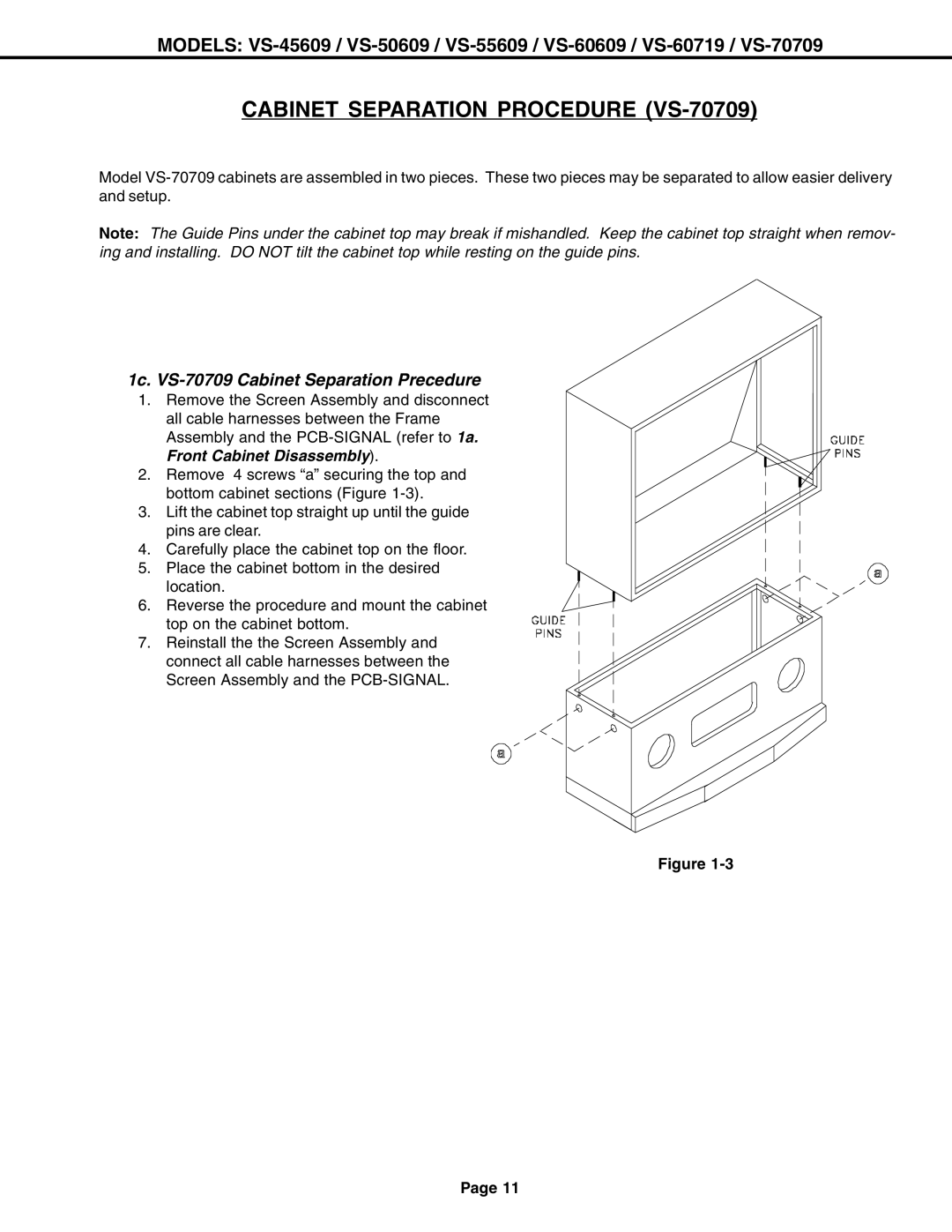 Mitsubishi Electronics VS-60609 Cabinet Separation Procedure VS-70709, 1c. VS-70709 Cabinet Separation Precedure 