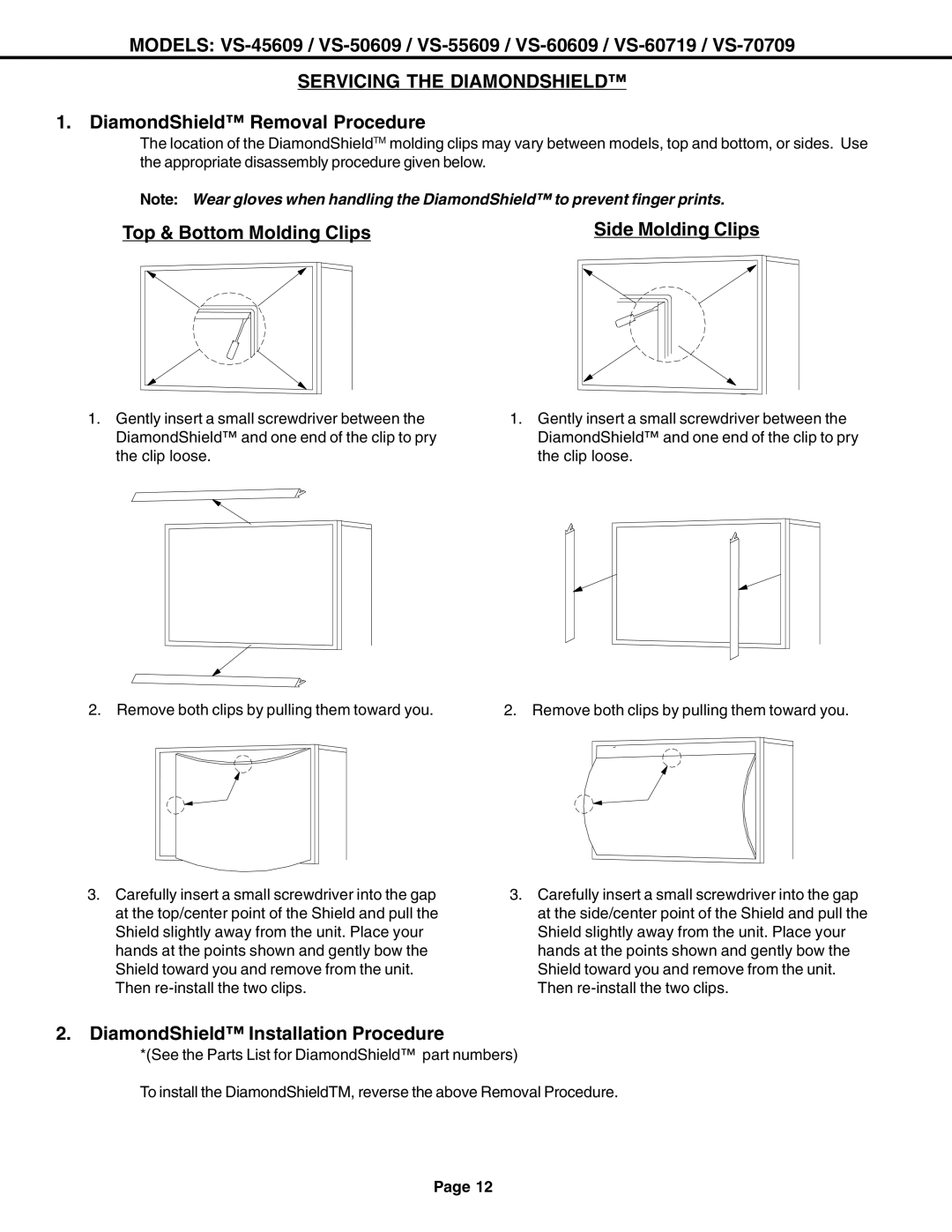 Mitsubishi Electronics VS-60609 service manual Servicing the Diamondshield, DiamondShield Removal Procedure 