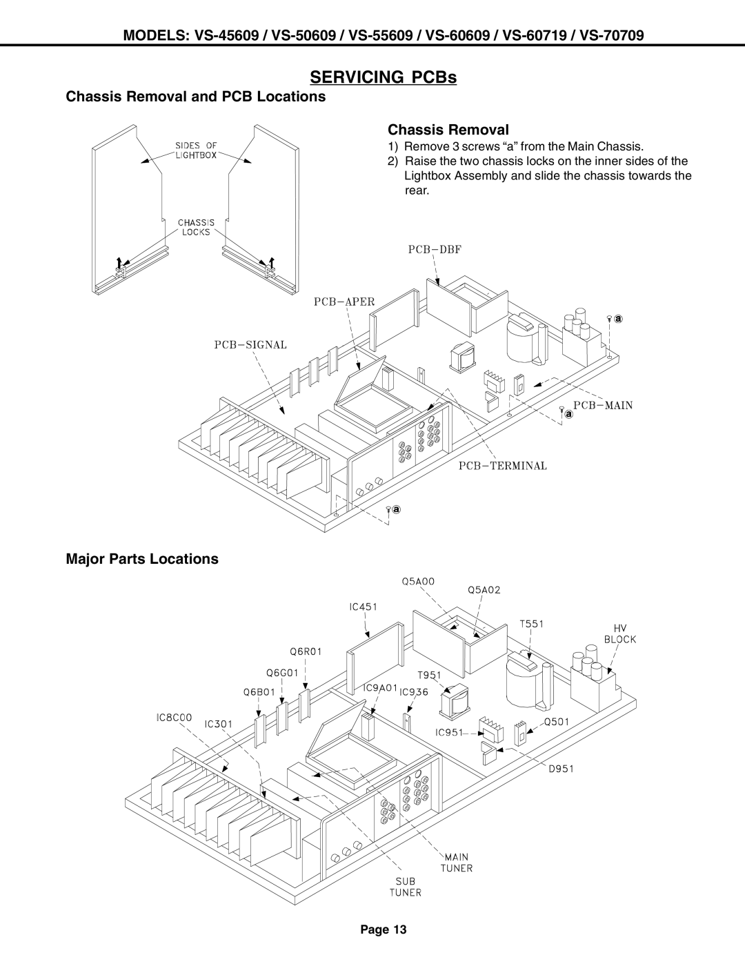 Mitsubishi Electronics VS-60609 service manual Chassis Removal and PCB Locations, Major Parts Locations 