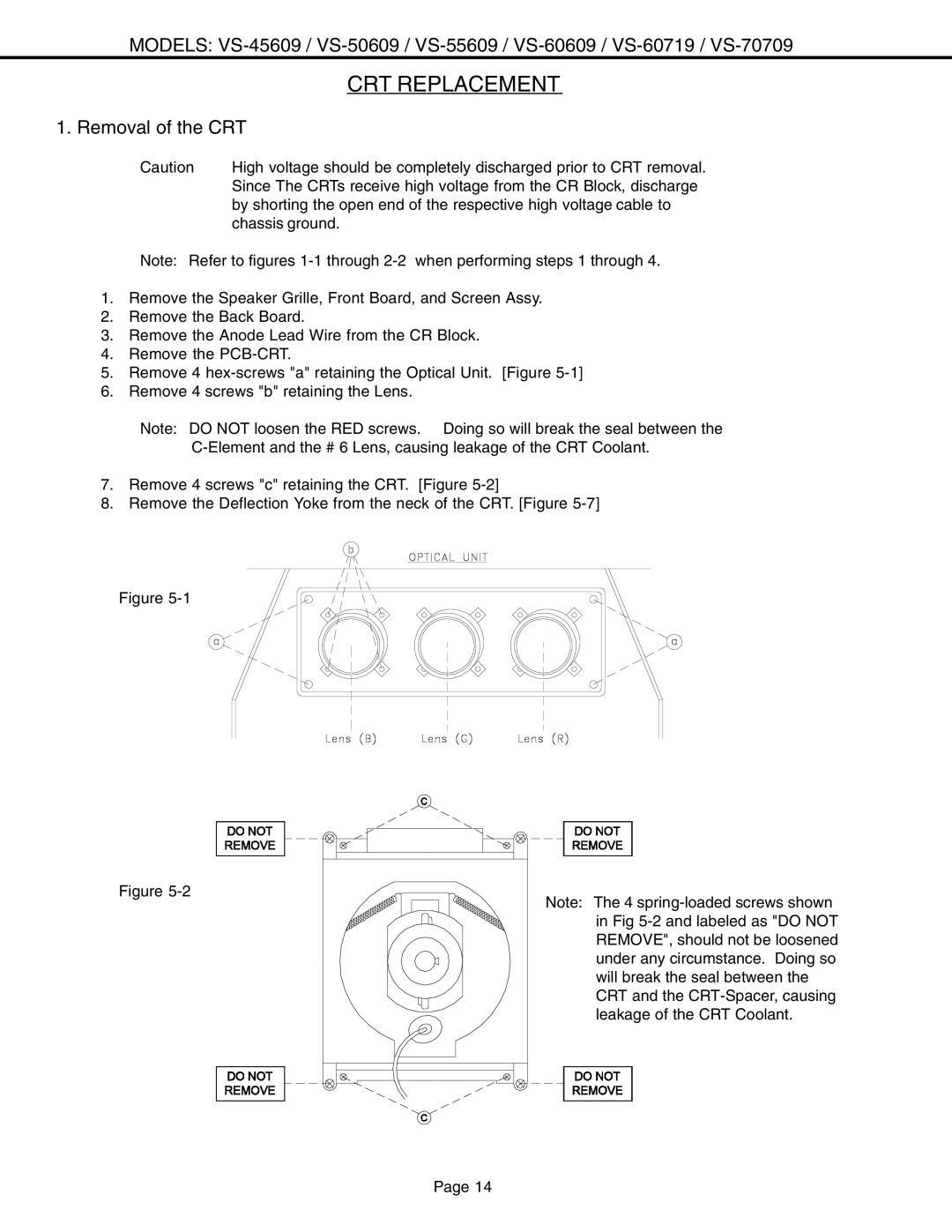 Mitsubishi Electronics VS-60609 service manual CRT Replacement, Removal of the CRT 