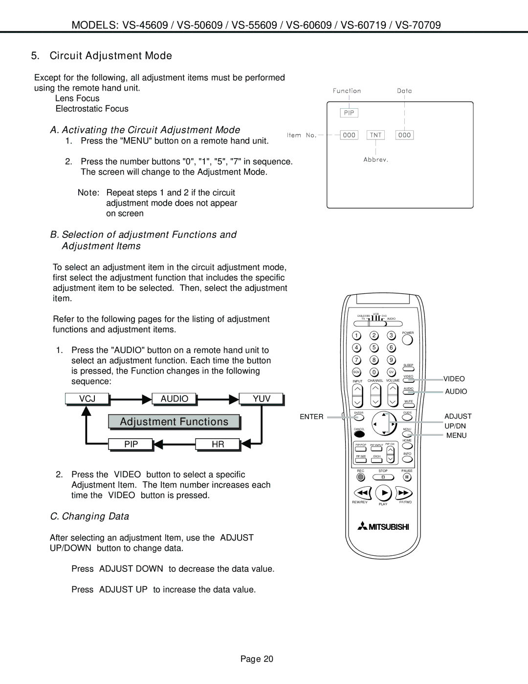 Mitsubishi Electronics VS-60609 service manual Adjustment Functions, Activating the Circuit Adjustment Mode, Changing Data 