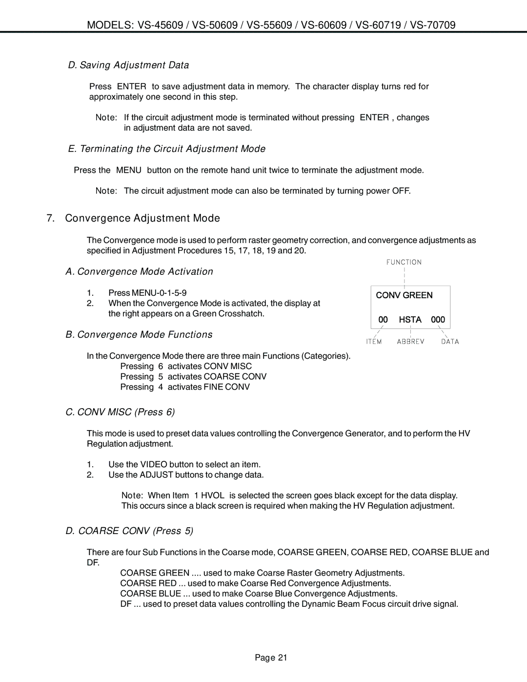 Mitsubishi Electronics VS-60609 service manual Convergence Adjustment Mode 