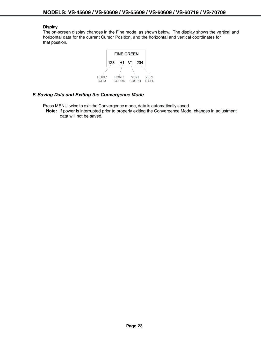 Mitsubishi Electronics VS-60609 service manual Saving Data and Exiting the Convergence Mode, Display 