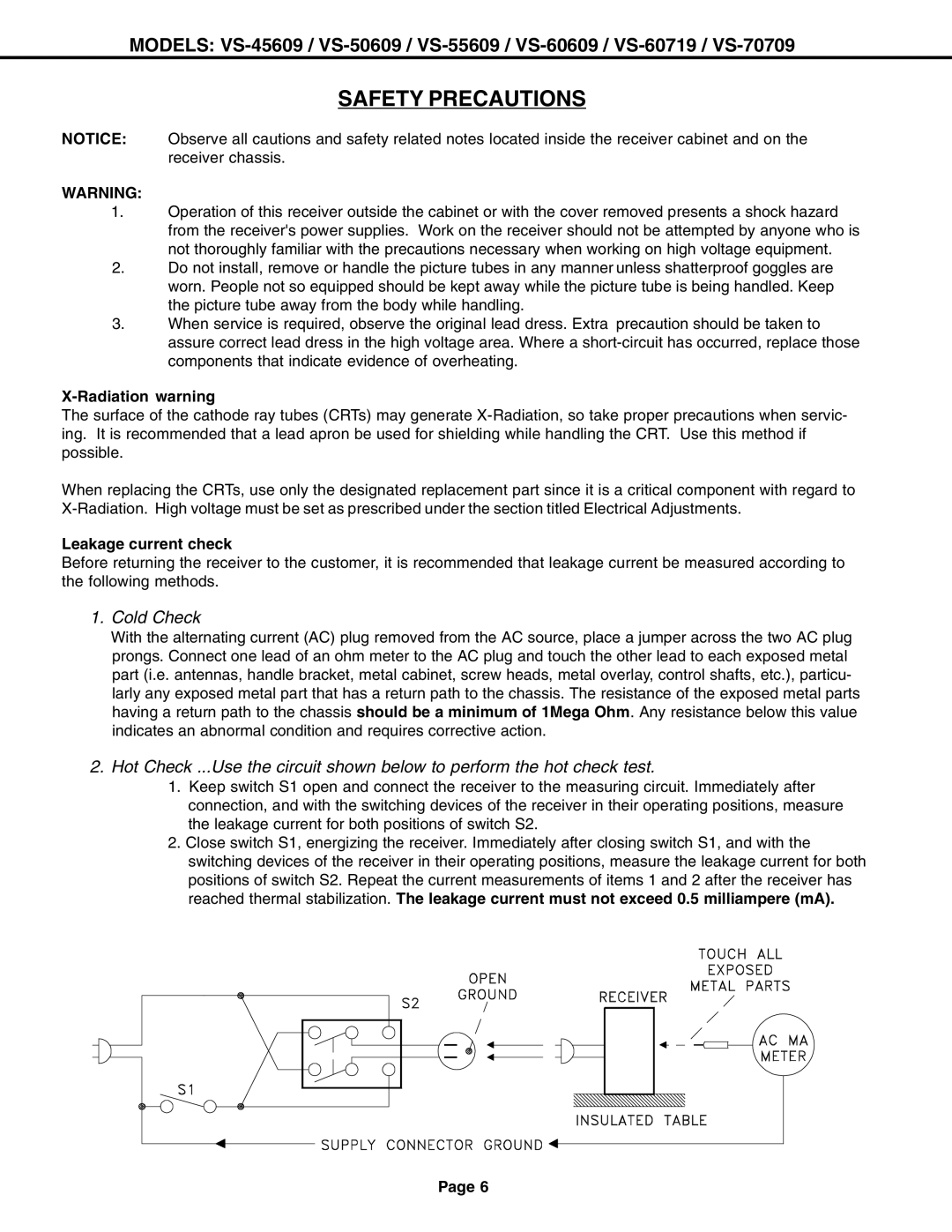 Mitsubishi Electronics VS-60609 service manual Safety Precautions, Radiation warning, Leakage current check 