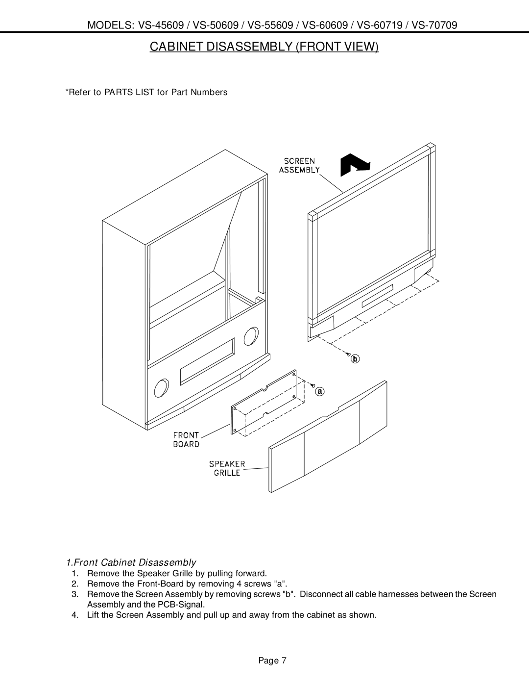 Mitsubishi Electronics VS-60609 service manual Cabinet Disassembly Front View, Front Cabinet Disassembly 